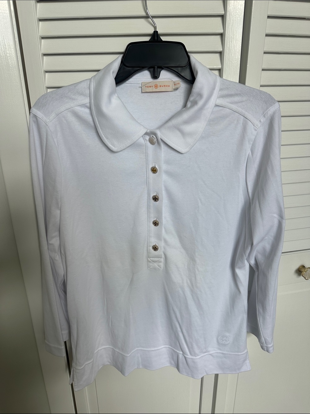 Tory Burch White Long-Sleeve Polo with Logo Buttons